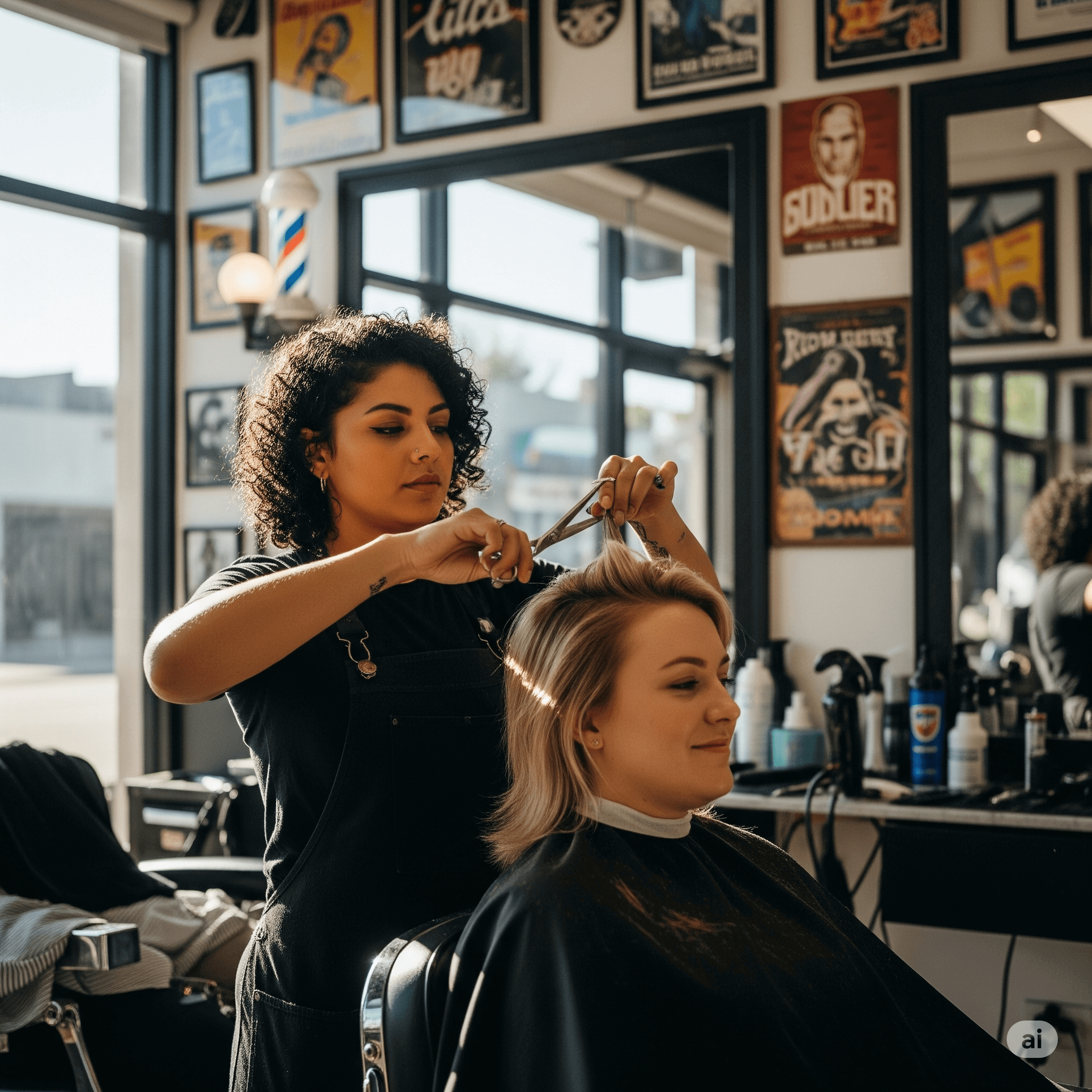 Corte de cabello para dama en salón de belleza, estilista trabajando